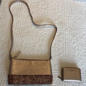 Rose gold sparkly glitter Kate Spade handbag /purse + rose gold wallet